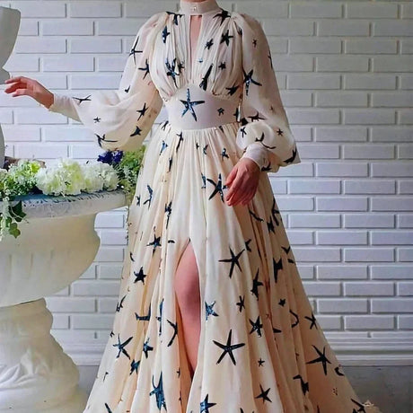 Women' Print Chiffon Party Dress Lantern Sleeve Stand