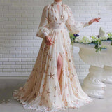 Women' Print Chiffon Party Dress Lantern Sleeve Stand