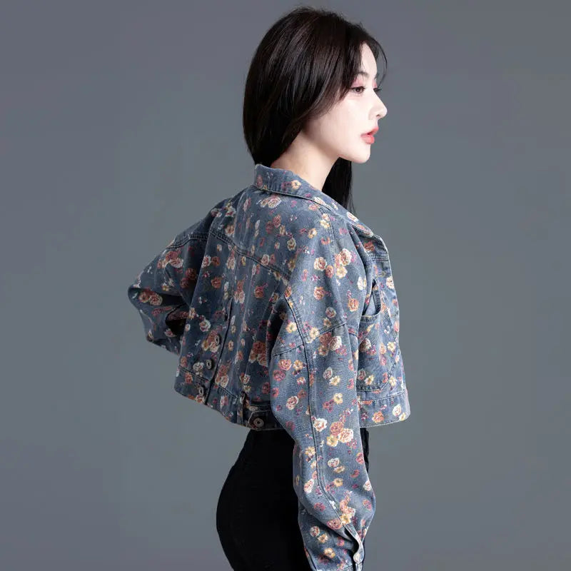 Women' Vintage Floral Long Sleeve Crop Denim Jacket
