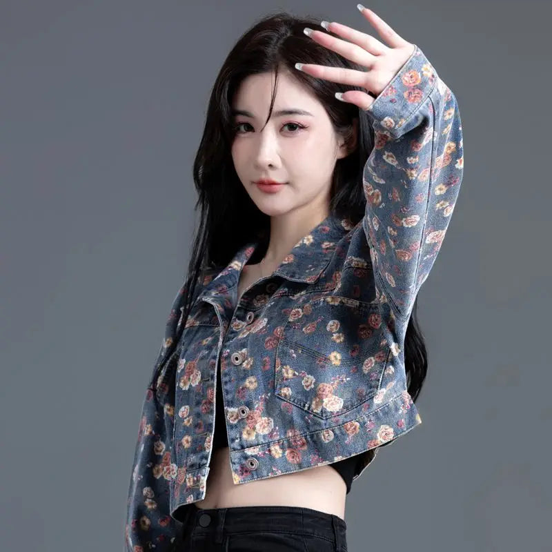 Women' Vintage Floral Long Sleeve Crop Denim Jacket