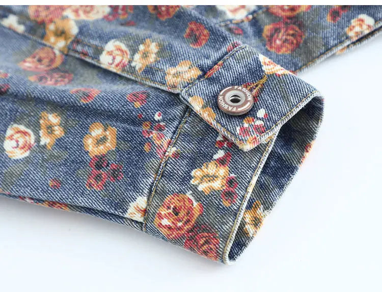 Women' Vintage Floral Long Sleeve Crop Denim Jacket