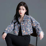 Women' Vintage Floral Long Sleeve Crop Denim Jacket