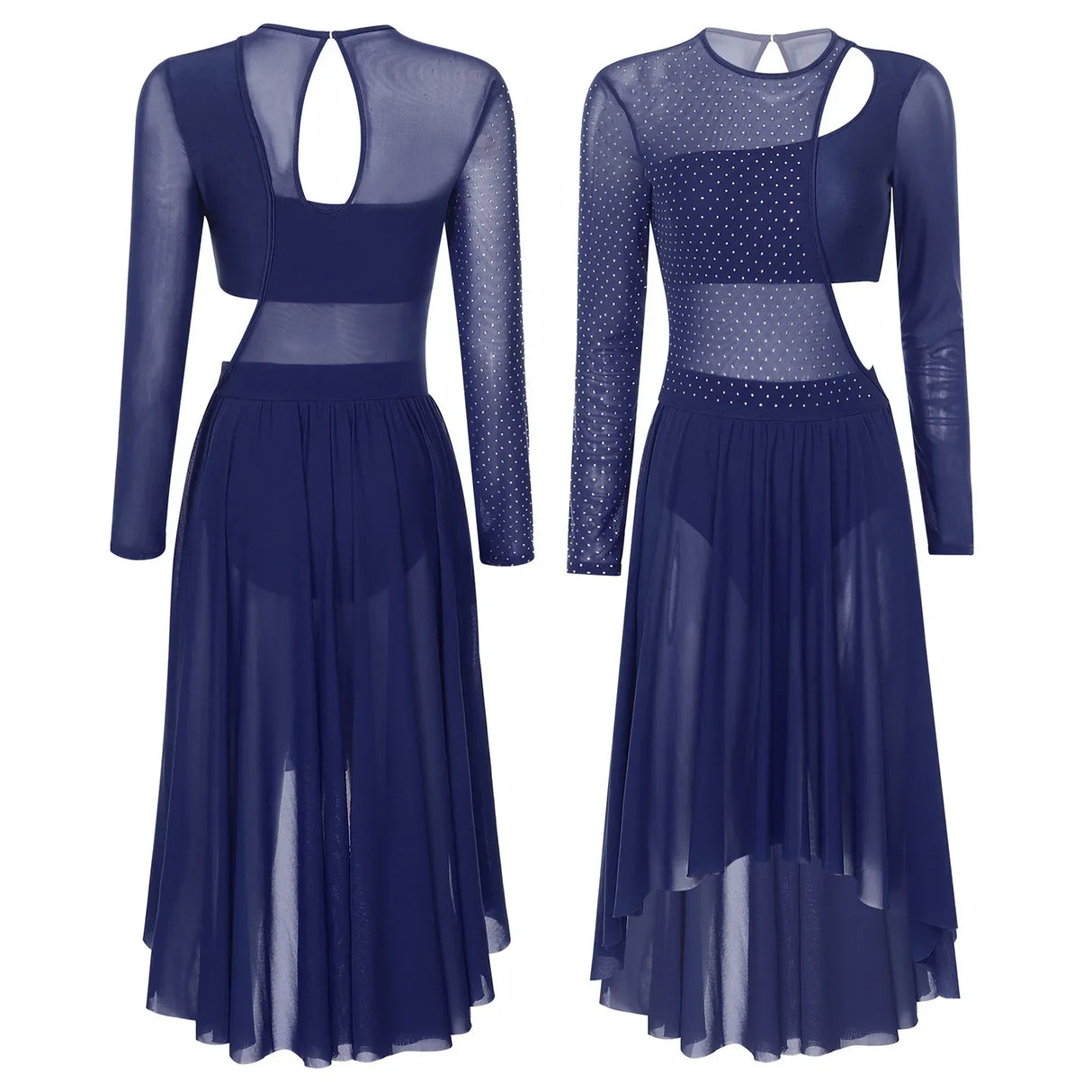 Womens Ballet Lyrical Dance Dress Shiny Rhinestone Sheer