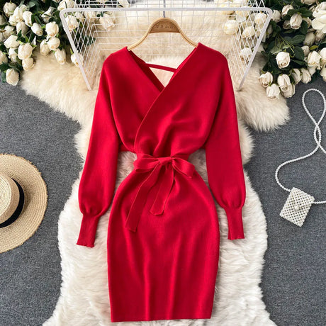 Yuoomuoo Autumn Winter Women Knitted Sweater Dress Solid