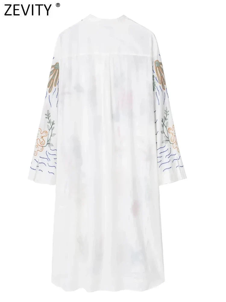 Zevity New Women Vintage Stand Collar Floral Embroidery