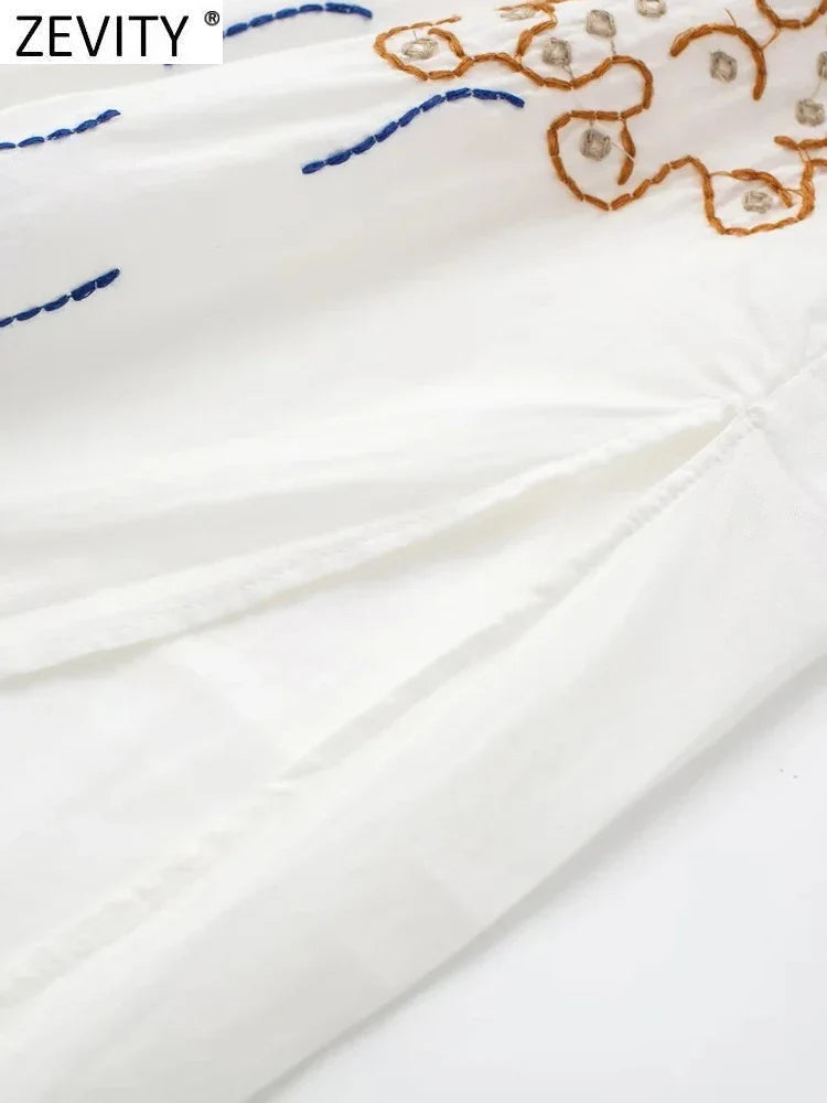 Zevity New Women Vintage Stand Collar Floral Embroidery