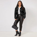 Zip Up Patent Leather Jacket For Women, Long