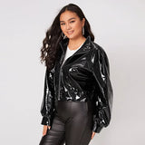 Zip Up Patent Leather Jacket For Women, Long