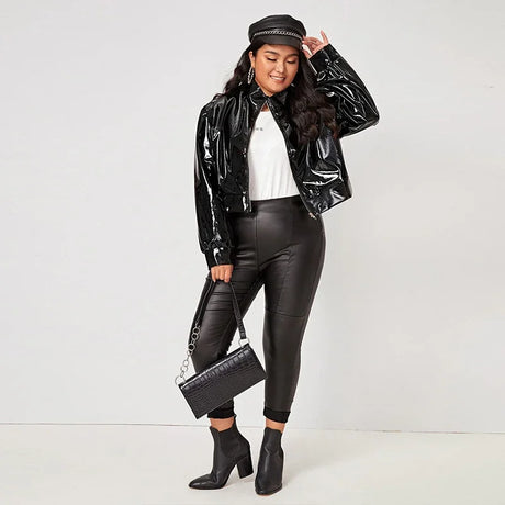 Zip Up Patent Leather Jacket For Women, Long