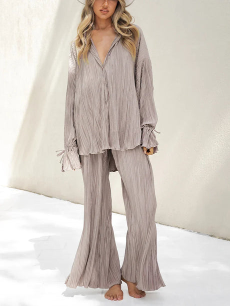 Women Two-Piece Pleated Pants Suits Casual Chic