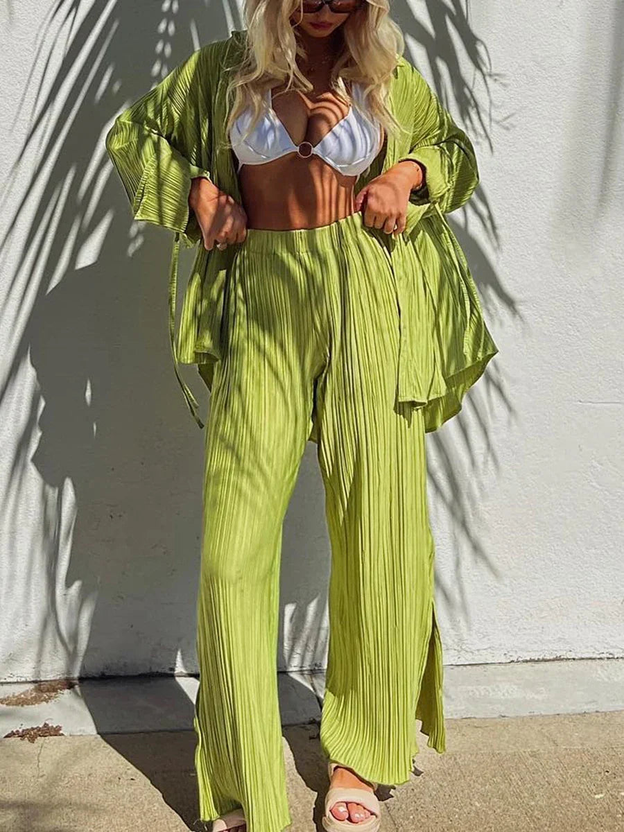 Women Two-Piece Pleated Pants Suits Casual Chic